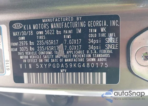 2019 Kia Sorento Lx/S z USA, uszkodzony, nr VIN 5XYPGDA59KG480175